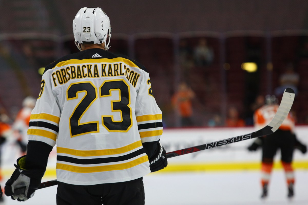 NHL 2017 - Sep 28 - BOS vs PHI - Center Jakob Forsbacka-Karlsson (#23) of the Boston Bruins names spans the width of his jersey